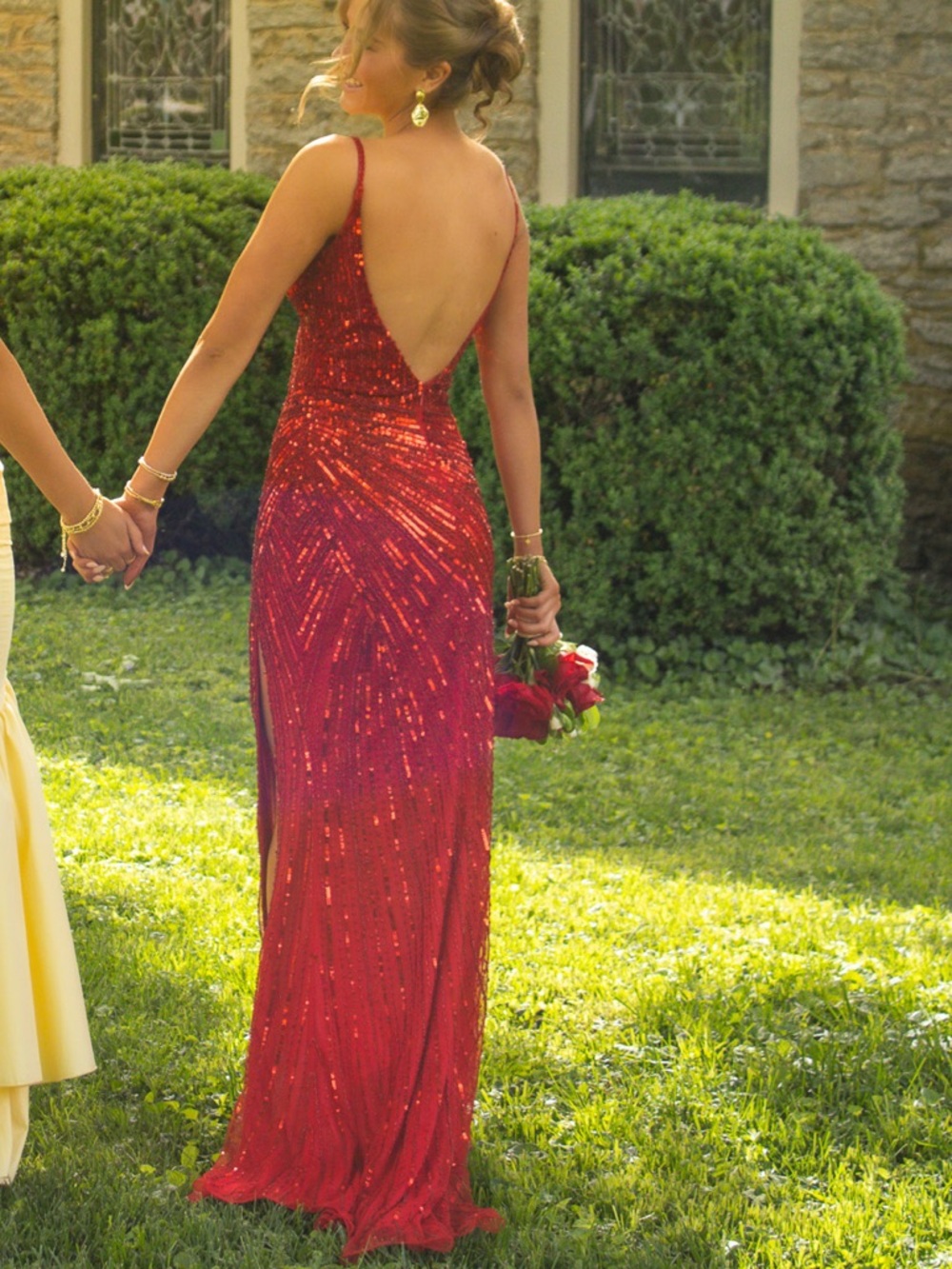 Backless Red Sequin Prom Gown - Women